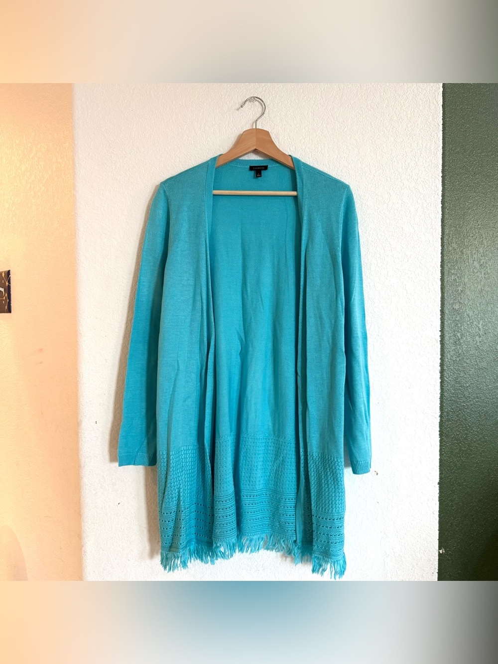 Talbots Womens Sweater Cardigan Turquoise Open Front Fringe Hemline Size Large
